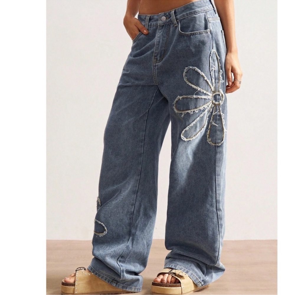 Medium Wash Floral Patch Loose Fit Wide Leg Denim Jeans S M L XL